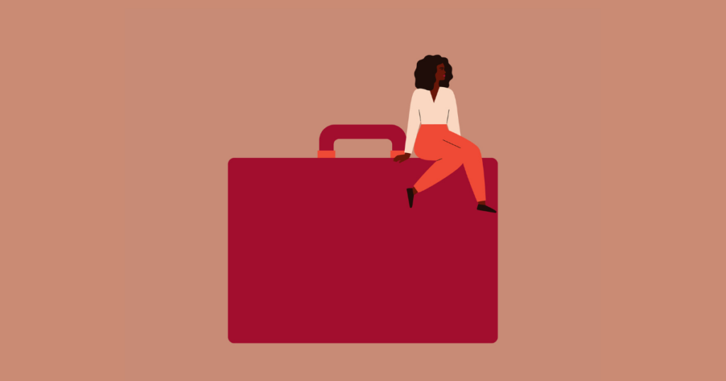 Illustration of a woman sitting on top of an oversized briefcase